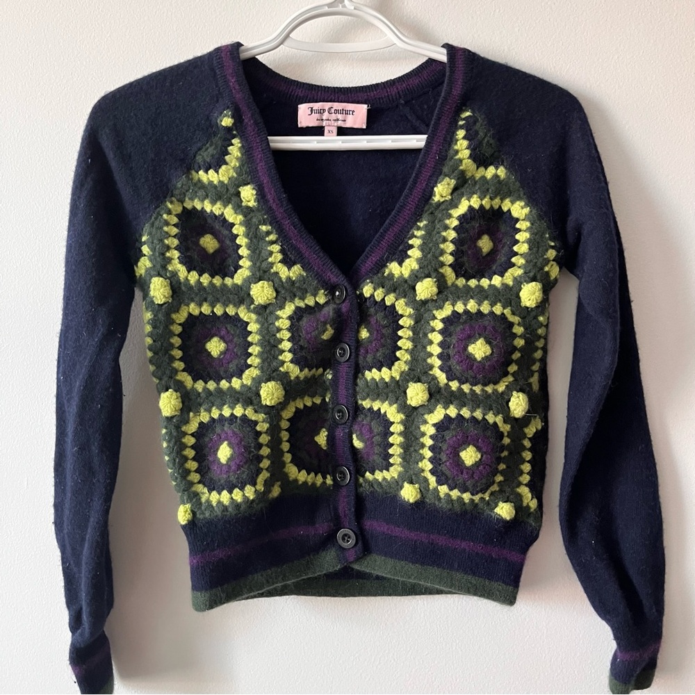 JUICY COUTURE Granny Square Retro Crochet Cardigan Size XS